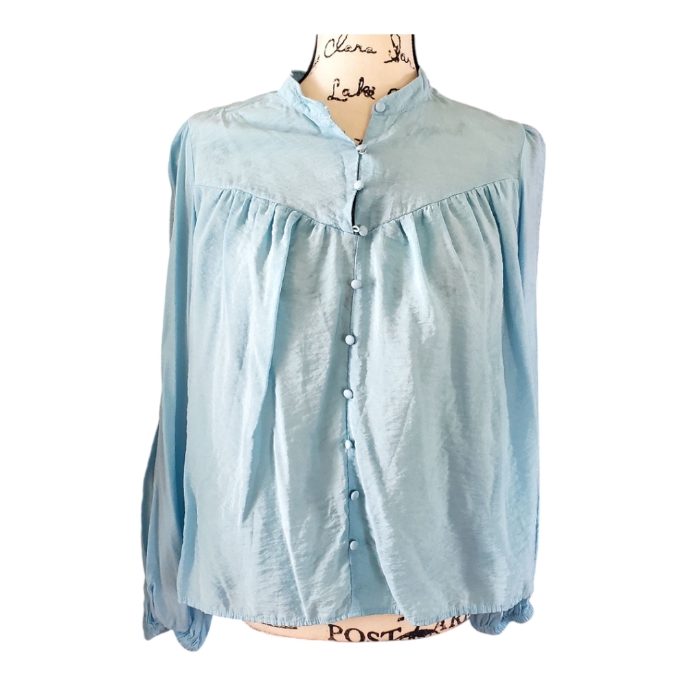 Who What Wear Womens Peasant Top‎ L Baby Blue Bishop Long Sleeve Boxy